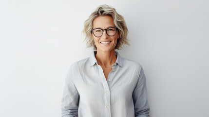 Portrait of smiling middle aged businesswoman in eyeglasses looking at camera.