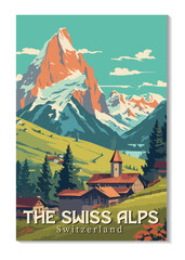 The Swiss Alps, Switzerland. Vintage Travel Posters. Vector art. Famous Tourist Destinations Posters Art Prints Wall Art and Print Set Abstract Travel for Hikers Campers Living Room Decor