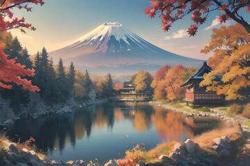 秋の紅葉観光地から望む富士山のイラスト