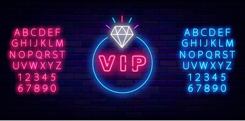 Vip neon label. Shiny diamond with circle frame. Shiny turquoise and pink alphabet. Vector stock illustration