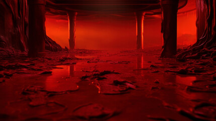 Horror scene. Puddles and dirt on the underground floor of a building with columns in red light.