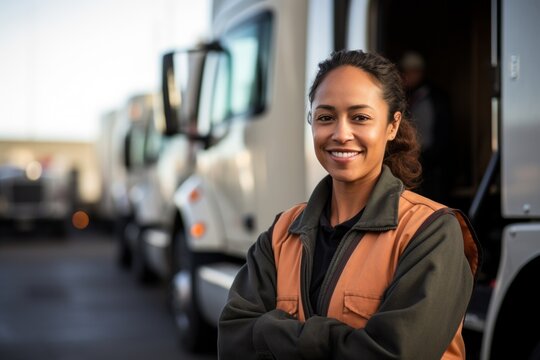 Truck driver smile happy face standing in front of truck