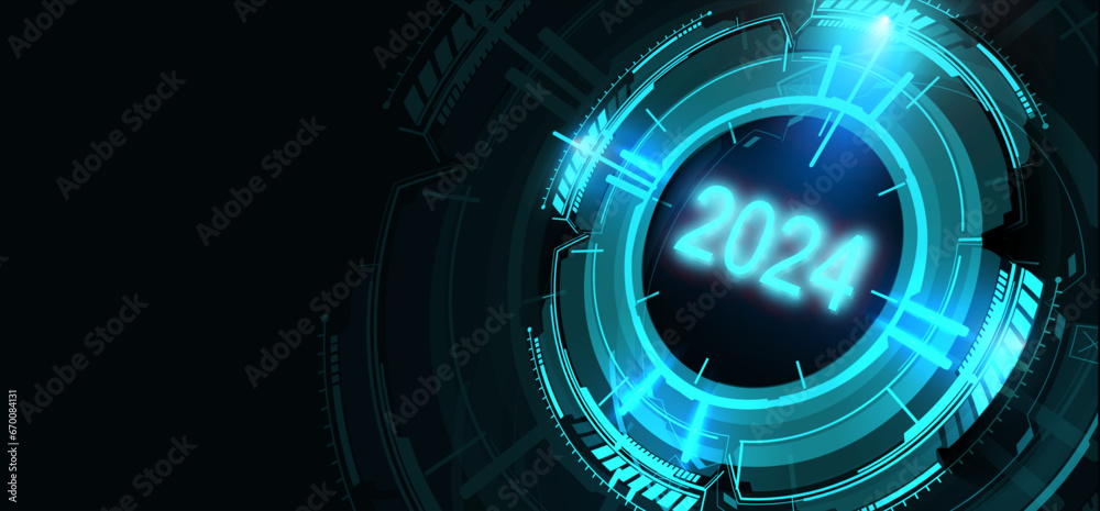 Fototapete digital futuristic interface displaying year 2024, advanced technological circular hud with illumina