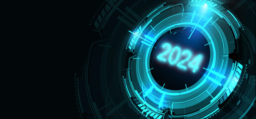 Digital Futuristic Interface Displaying Year 2024, Advanced Technological Circular HUD with Illuminating Neon Elements. Hi-tech numbers.  Vector illustration graphic template