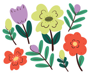 set of hand drawing cartoon flower sticker. cute floral sticker set