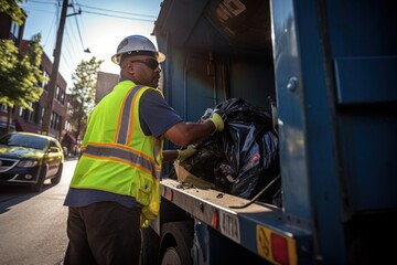 Sanitation worker picking up trash to garbage truck
