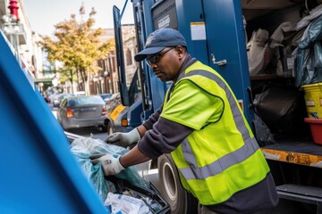 Sanitation worker picking up trash to garbage truck - obrazy, fototapety, plakaty