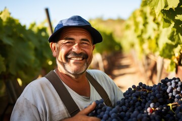 Winery vineyard worker smile face with grapes