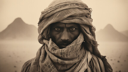 B&W sepia portrait of a Bedouin tribal elder in the desert. Exhausted, weary expression and meaningful gaze.