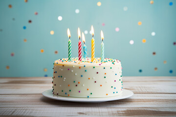 A tasty birthday cake with many colorful lit candles and decorated with rainbow sprinkle is isolated on the blue  white background. Generative AI.