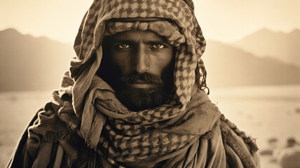 B&W sepia portrait of a Bedouin tribal elder in the desert. Exhausted, weary expression and...