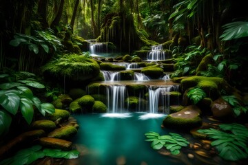 A cascading waterfall surrounded by lush, green vegetation, with crystal-cle
