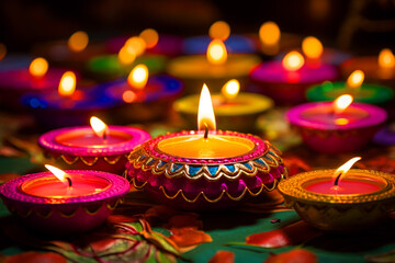 beautiful colorful clay Indian Diwali Diye lamps for Diwali festival, Diwali postcard, generative AI