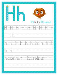 Trace letter H uppercase and lowercase. Alphabet tracing practice preschool worksheet for kids learning English with cartoon hazelnut. Activity page for Pre K, kindergarten. Vector illustration