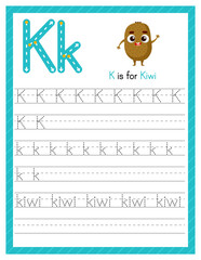 Trace letter K uppercase and lowercase. Alphabet tracing practice preschool worksheet for kids learning English with cartoon kiwi. Activity page for Pre K, kindergarten. Vector illustration