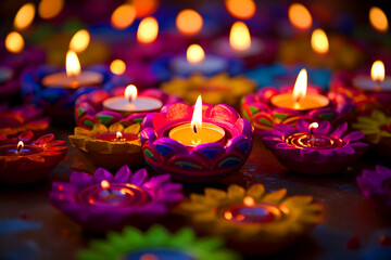 Obraz na płótnie Canvas beautiful colorful clay Indian Diwali Diye lamps for Diwali festival, Diwali postcard, generative AI