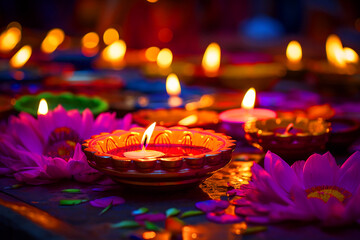 beautiful colorful clay Indian Diwali Diye lamps for Diwali festival, Diwali postcard, generative AI