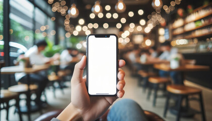 A hand holding a smartphone with a white blank screen.  At a restaurant, lifestyle concept. Insert your own screen image. For app mockups. Ordering app.