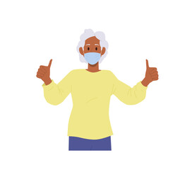 Happy satisfied elderly woman cartoon character wearing medical facial mask showing ok gesture