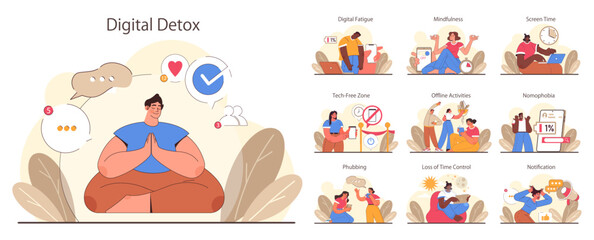 Digital detox set. Characters practicing mindfulness, reducing screen time, and enjoying tech-free zones. Disconnected or turned off gadget. Balanced life and mental health. Flat vector illustration