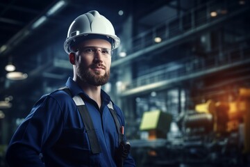Industrial Worker in Hard Hat and Overalls in Factory Setting