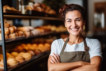 Bakery Worker Standing in Front of Bread Display