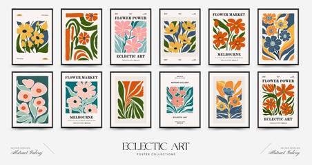 Abstract floral posters template. Modern trendy Matisse minimal style. Pink and blue colors. Hand drawn design for wallpaper, wall decor, print, postcard, cover, template, banner. - obrazy, fototapety, plakaty