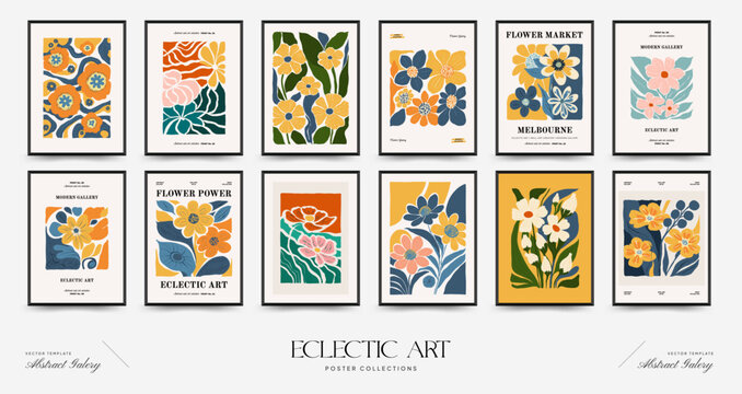 Fototapeta Abstract floral posters template. Modern trendy Matisse minimal style. Pink and blue colors. Hand drawn design for wallpaper, wall decor, print, postcard, cover, template, banner.