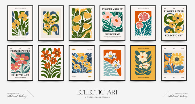 Fototapeta Abstract floral posters template. Modern trendy Matisse minimal style. Pink and blue colors. Hand drawn design for wallpaper, wall decor, print, postcard, cover, template, banner.