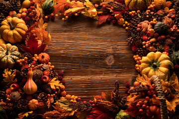 Autumn composition on a rustic wooden background. Decorative pumpkins, various leaves, pine cones, nuts. Orange, yellow, red  and brown aesthetics. 