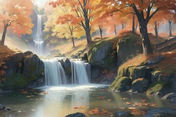 秋の紅葉観光地を流れる滝の水流のイラスト