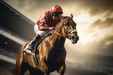 Horse racing A stallion gallops with a rider on horseback