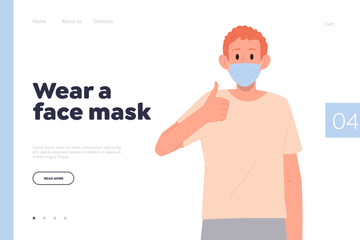 Fototapeta na wymiar Wear face mask promotion landing page design template with happy teenager boy gesturing thumbsup