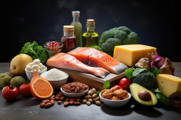 Foods rich in omega 3 on dark background. Healthy diet concept.