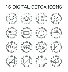 Digital detox icons set. Mindfulness, reducing screen time, and enjoying tech-free zones. Disconnected or turned off gadget symbol. Balanced life and mental health. Flat vector illustration