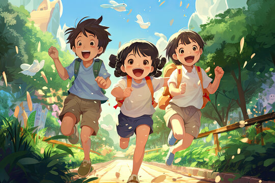 Illustration of several happy children