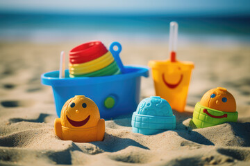 Fototapeta na wymiar Colorful plastic toys on a sandy beach. Selective focus.