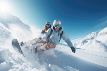 Fototapeta na wymiar oung couple snowboarding in ski resort, woman falling on the snow, award winning studio photography