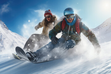 oung couple snowboarding in ski resort, woman falling on the snow, award winning studio photography - obrazy, fototapety, plakaty