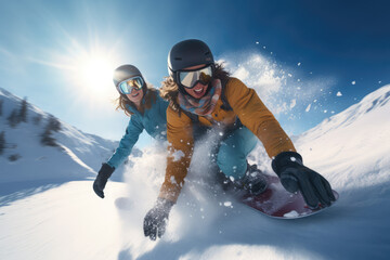 Fototapeta na wymiar oung couple snowboarding in ski resort, woman falling on the snow, award winning studio photography