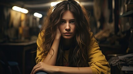 Lonely sad teenager student cry and hug her knees sitting in the dark corner ,Sad woman Unhappy and stressed student on the campus. Sad emotion illustration. Generative AI