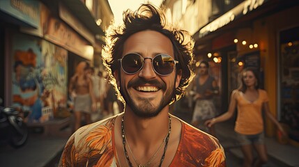 Portrait of smiling man showing peace sign while taking selfie. Man portrait illustration. Generative AI - obrazy, fototapety, plakaty