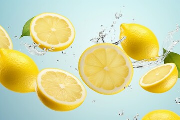 Ripe lemons flying in the air with splashes of water on a light blue background