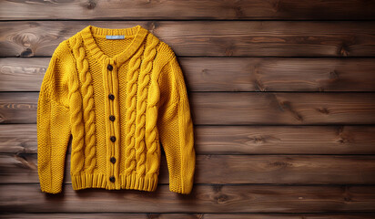 The yellow mustard knitted sweater is isolated on a dark wooden panel background. Generative AI.