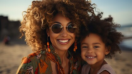 Smiling black mother and beautiful daughter wearing sunglasses having fun on the beach. Portrait of happy african american woman with her cute little girl wearing shades. Generative AI art