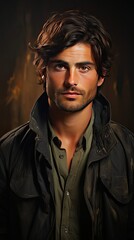 Obraz premium Illustration of young handsome man posing and looking at camera over background. Man face portrait illustration. Generative AI