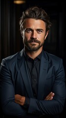 Obraz premium Businessman smiling with arms crossed on background. Man portrait illustration. Generative AI