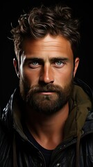 Obraz premium Closeup portrait of smiling handsome man 30s having bristle looking at camera over background. Man face portrait illustration. Generative AI