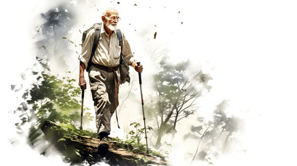 An elderly man hikes up a forest trail, surrounded by lush green trees and a clear blue sky above.