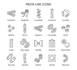 Pasta line icon set. Italian pasta collection with macaroni, farfalle, noodle, spaghetti, ravioli, cavatelli. Vector illustration.